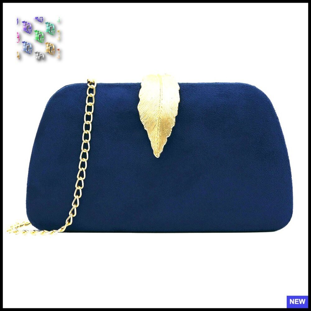 Suede Clutch Bag Elegant Gold Leaf Clasp Evening Party Shoulder Purse